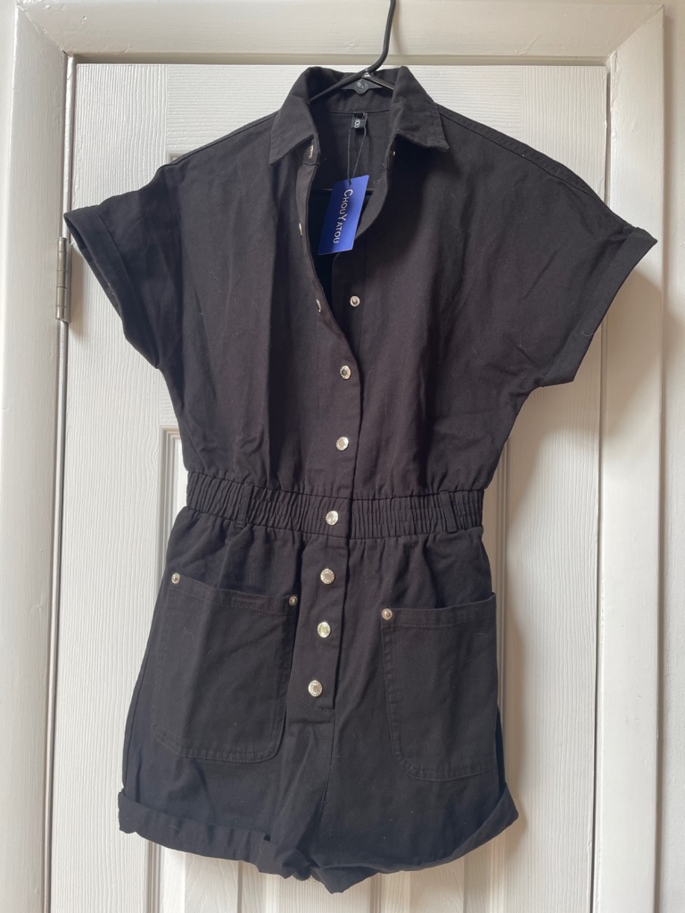 Women’s Black Button-Front Short Romper